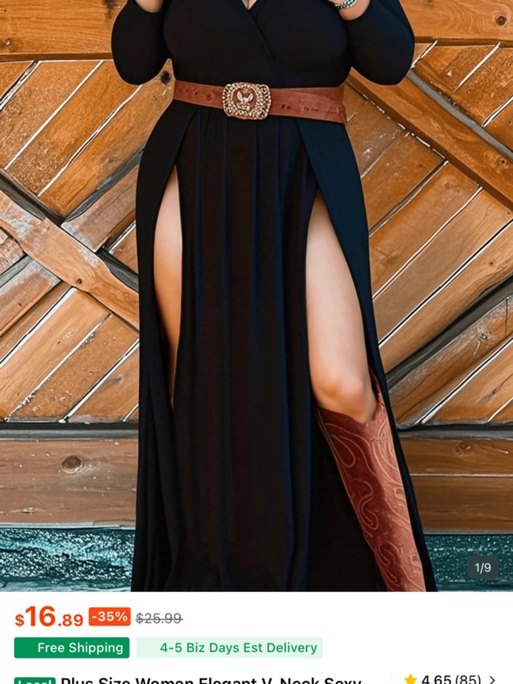 Plus Size Black High-Slit Maxi Skirt with Brown Belt